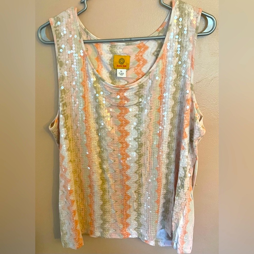 Ruby Rd Orange and Sage Green Sequin Sleeveless Tank Top XL